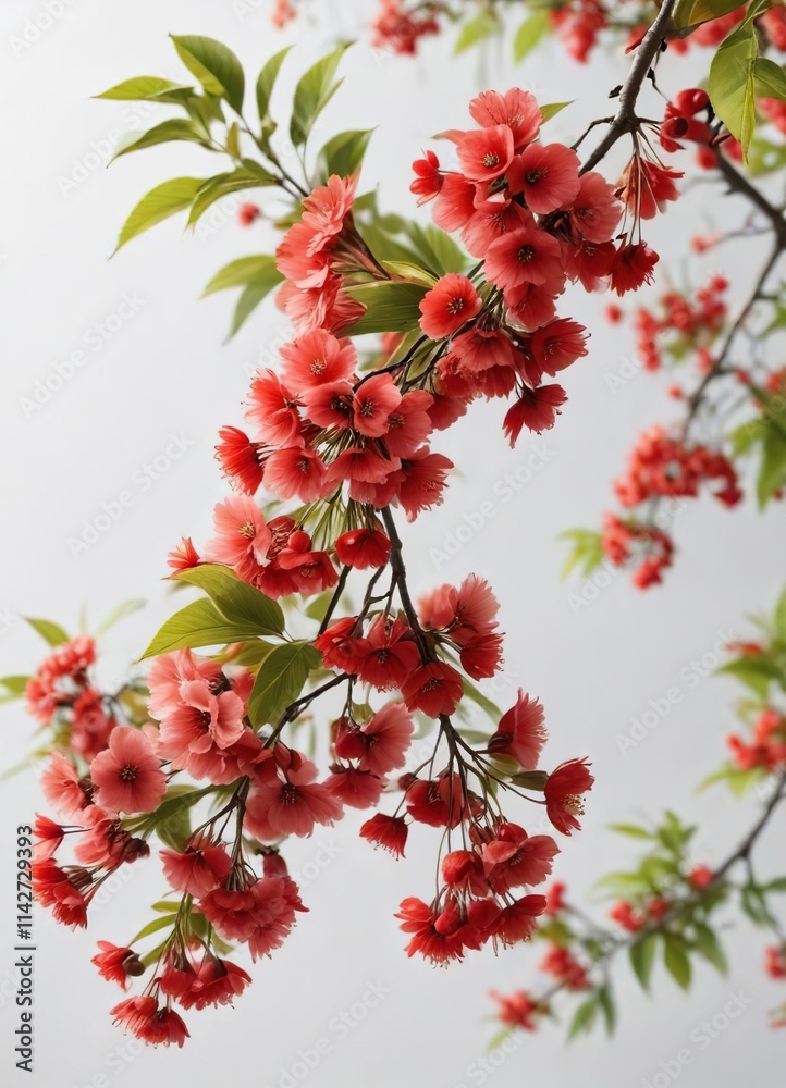 Wild himalayan cherry isolated on white, bright red flowers in focus, green leaves, botany, beauty, springtime Wild himalayan cherry isolated on white, bright red flowers in focus, green leaves, botany, beauty, springtime