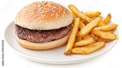 Classic Burger with Crispy Fries on a White Plate
