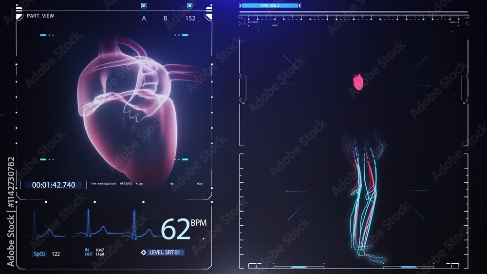 Human heart scan animation. Heart anatomy with futuristic interface