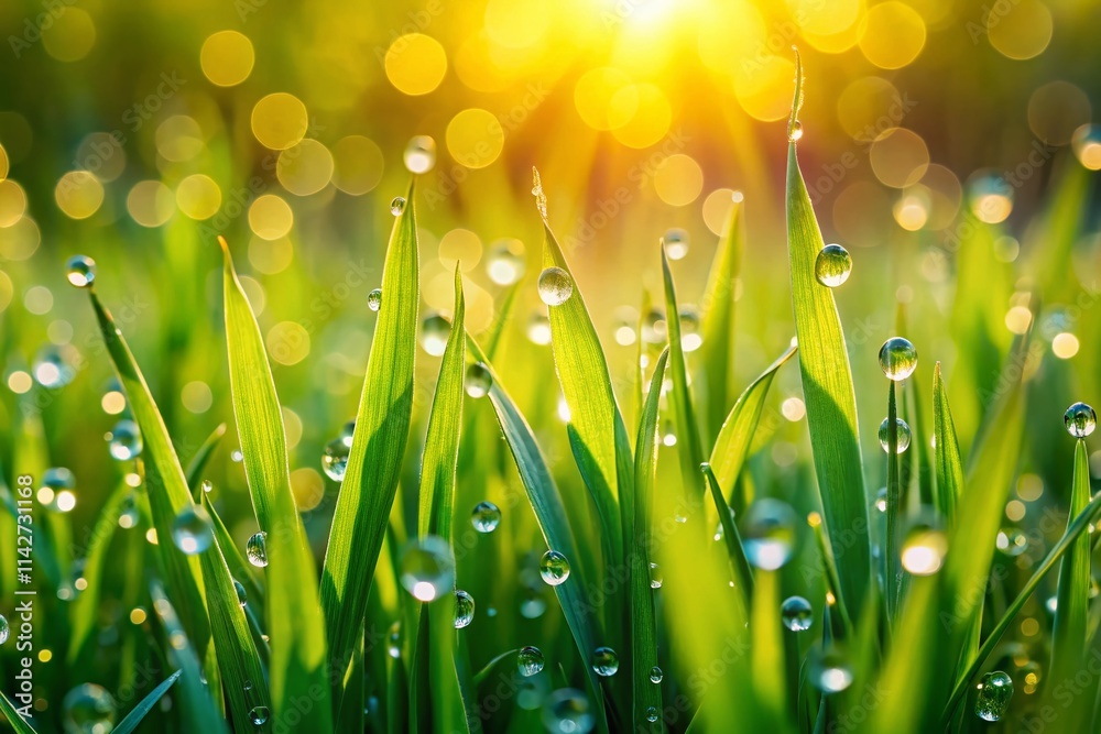 Fototapeta premium Macro Spring Grass Dew Drops, Summer Morning Sunlight Bokeh, Wide Photo, Nature Photography
