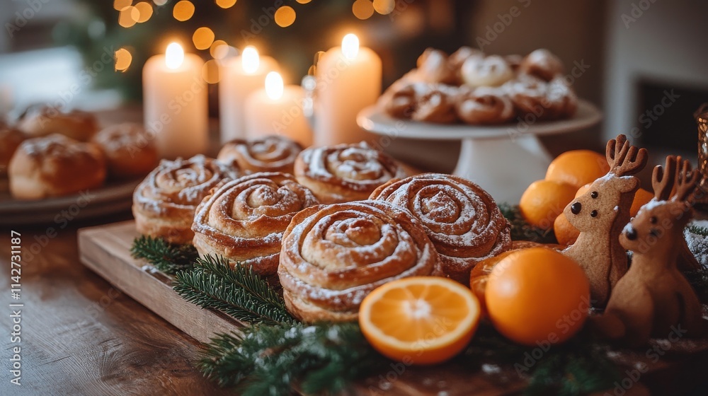 Obraz premium A rustic holiday spread with cinnamon buns, gingerbread cookies shaped like reindeer, and fresh tangerines arranged on a wooden tray. The room is softly lit with candles, creating a festive vibe.
