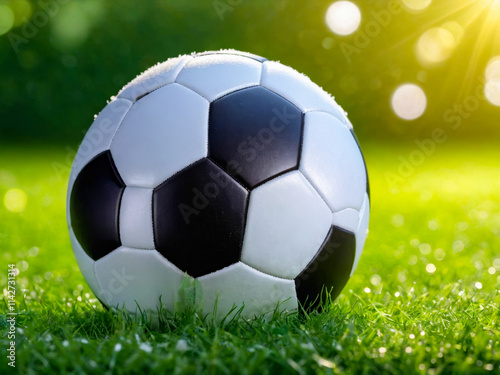 Soccer Ball on Grassy Field with Morning Dew