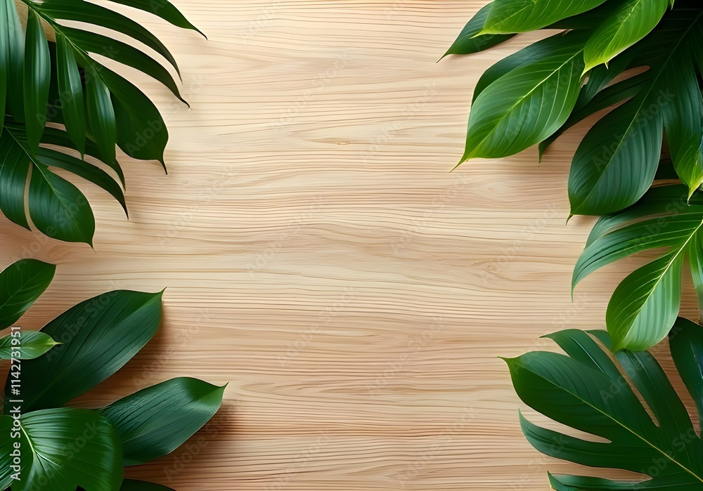 Tropical Leaves Frame on Wooden Background Tropical Leaves Frame on Wooden Background