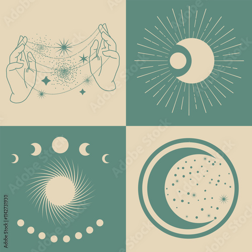 Astrological, esoteric symbols. Sun, stars, planets, moon, crescent
