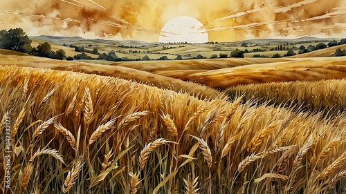 Golden Wheat Field at Sunset: A Watercolor Landscape