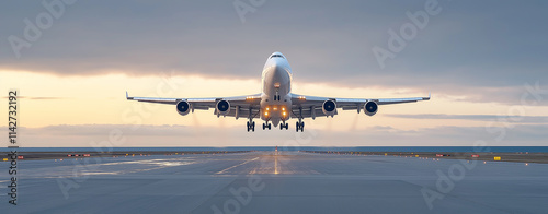 A large commercial airplane is taking off from a runway,landing.