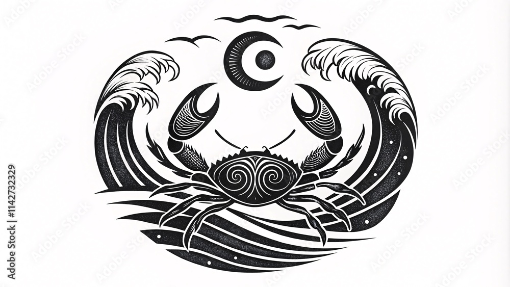 Stylized Crab with Yin-Yang Symbol Amid Flowing Waves and Aquatic Art V2 Stylized Crab with Yin-Yang Symbol Amid Flowing Waves and Aquatic Art V2