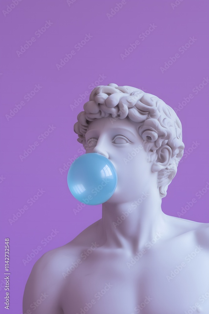 Sideway male, marble statue with curly hair blowing a blue bubble gum on a pastel purple background. Freedom, copy space concept.