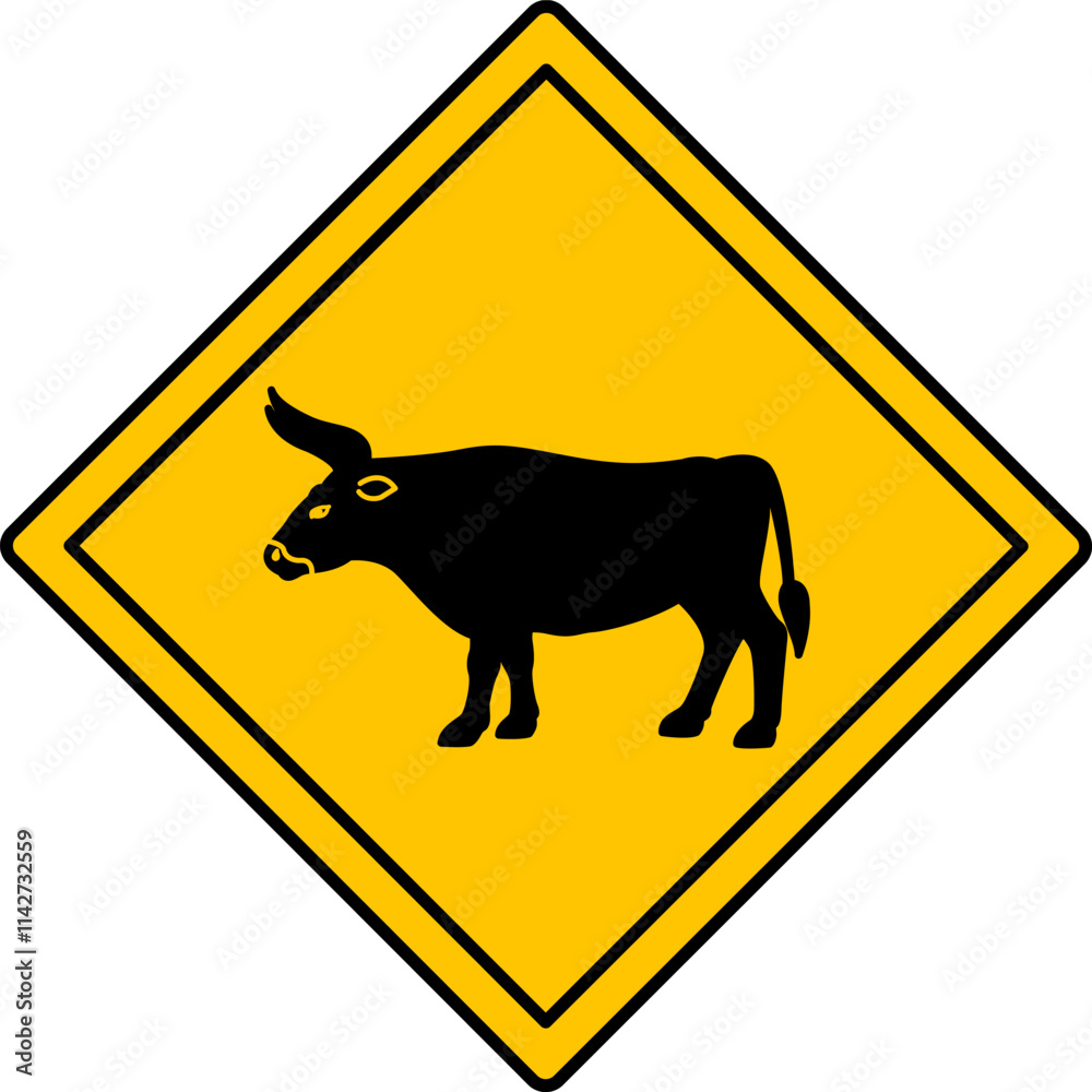 Yellow Road Sign Bull. Vector Icon. Farm, Agriculture. Road Sign Warning About Animals Crossing Road. Zoo Sticker Yellow Road Sign Bull. Vector Icon. Farm, Agriculture. Road Sign Warning About Animals Crossing Road. Zoo Sticker