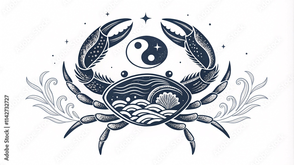 Obraz premium Stylized Crab with Yin-Yang Symbol Amid Flowing Waves and Aquatic Art V1