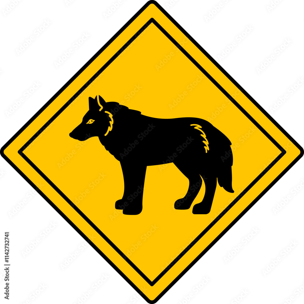 Yellow Road Sign Wolf. Vector Icon. Road Sign Warning about Crossing the Road by Animals. Sticker for Zoo Yellow Road Sign Wolf. Vector Icon. Road Sign Warning about Crossing the Road by Animals. Sticker for Zoo