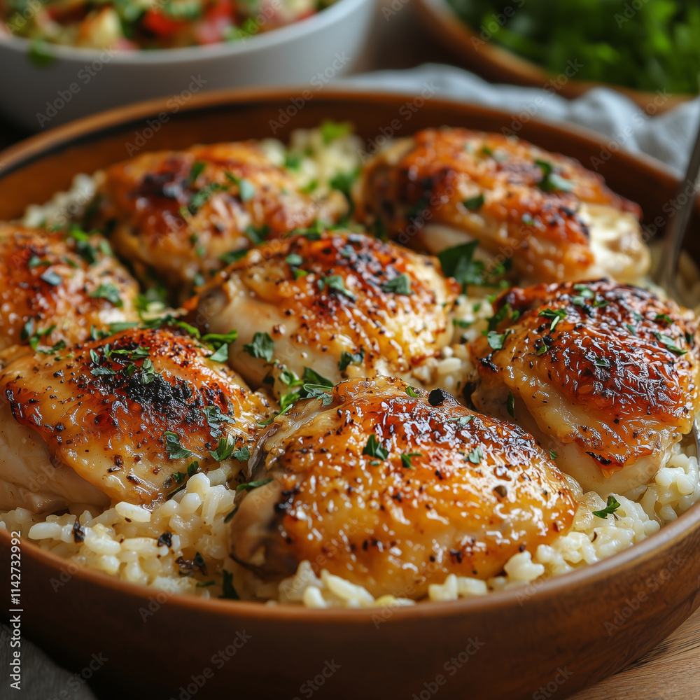 Deliciously baked forgotten chicken dish served with fresh herbs Deliciously baked forgotten chicken dish served with fresh herbs