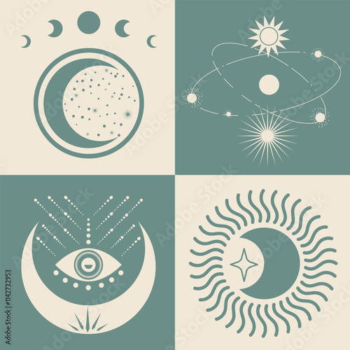 Astrological, esoteric symbols. Sun, stars, planets, moon, crescent