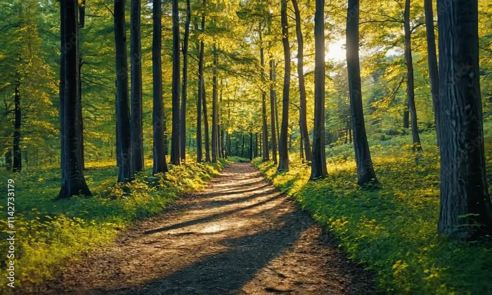 A serene forest path illuminated by sunlight, inviting exploration and tranquility. A serene forest path illuminated by sunlight, inviting exploration and tranquility.