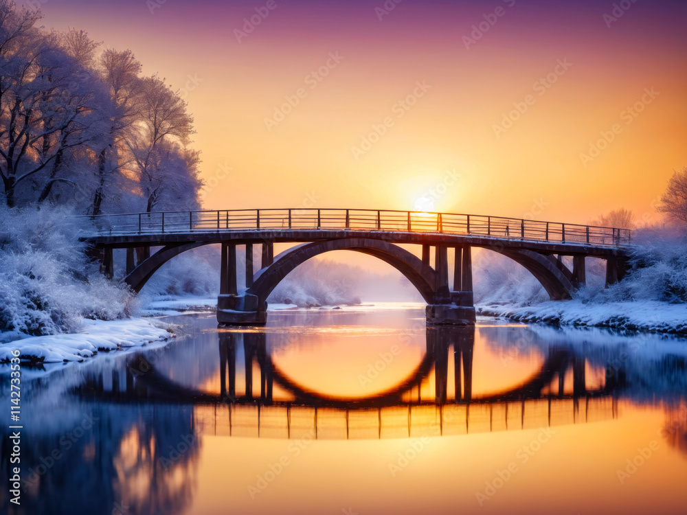 Fototapeta premium Winter Sunrise over Bridge and River.