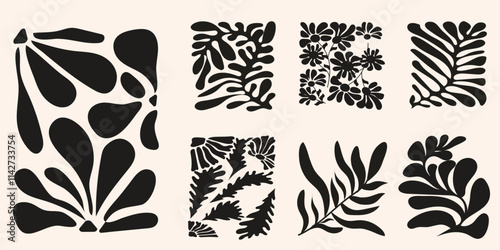 Abstract black botanical silhouettes featuring various leaf and floral shapes in square designs. Floral doodle naive patterns. Contemporary matisse style. Trendy vector set.