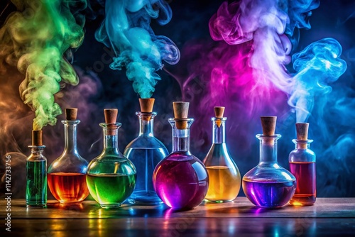 Magical Potion Bottles: Alchemy, Mystery, Fantasy Smoke, Colorful Elixirs, Mystical Brew,  Wonder, Experiment photo