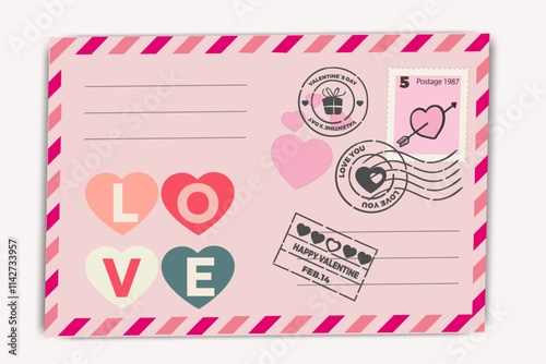 Valentine's day envelope design with heart shapes, postage stamps, and love typography. Minimal Valentine`s Day card. Romantic love letter