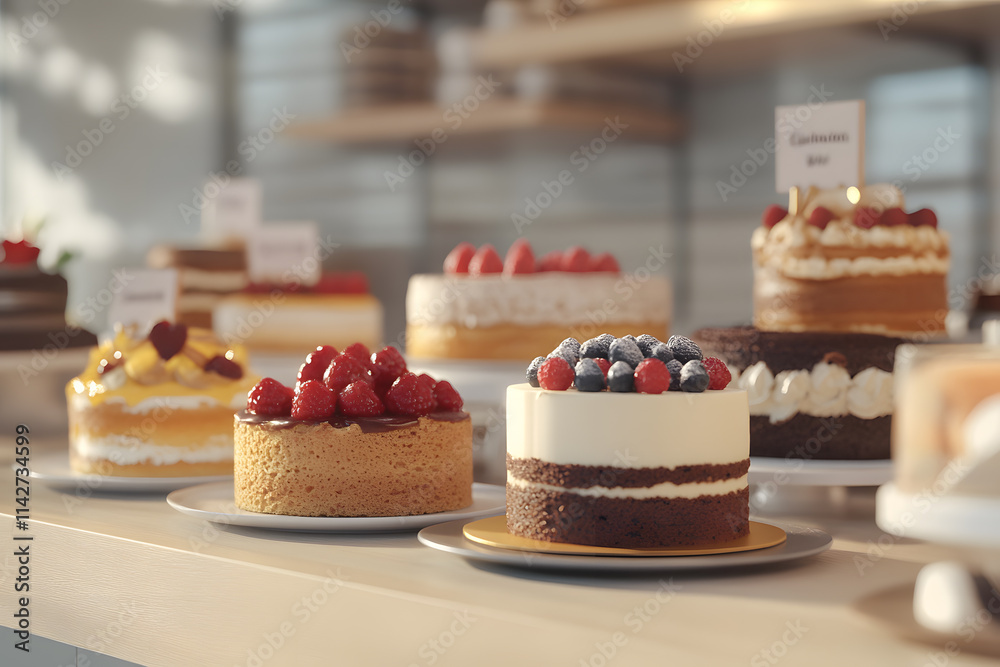 A variety of delicious cakes on display in a bakery. A display case full of cakes and pastries A variety of delicious cakes on display in a bakery. A display case full of cakes and pastries