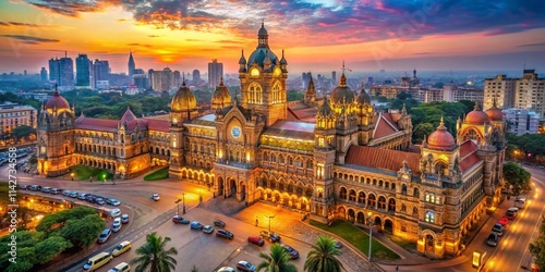 Majestic Aerial View of Chhatrapati Shivaji Maharaj Terminus, Mumbai - Architectural Marvel, Historical Landmark, Indian Railway Station