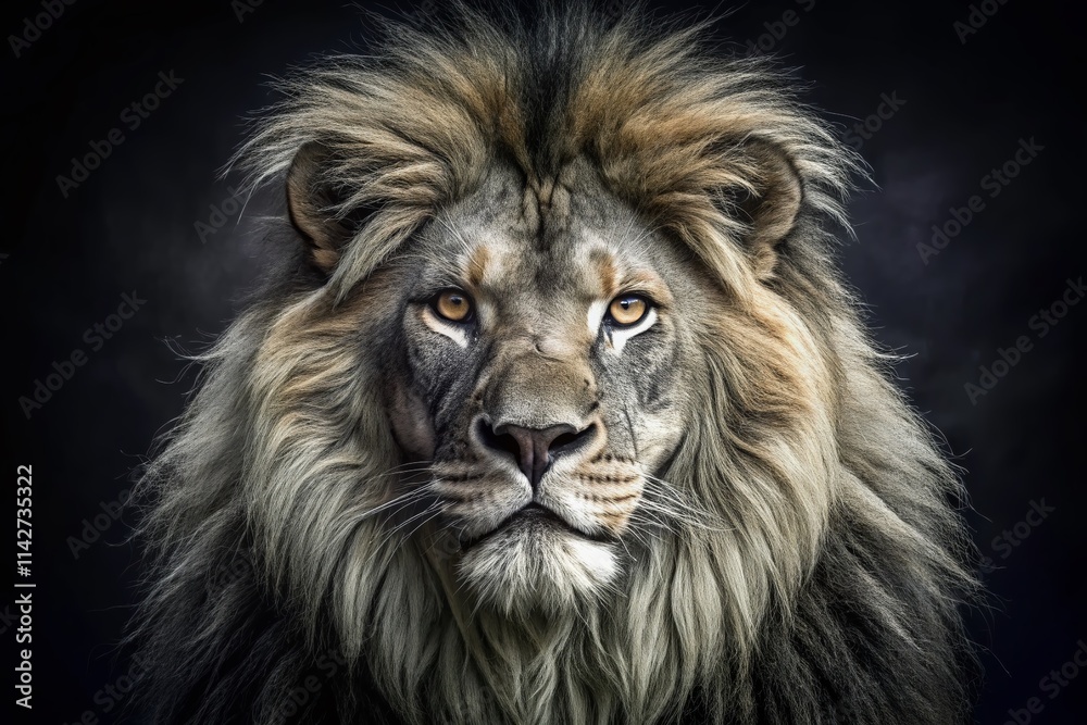Fototapeta premium Majestic Black and White Lion in Low Light, Dark Wildlife Photography, Powerful Night Animal Portrait