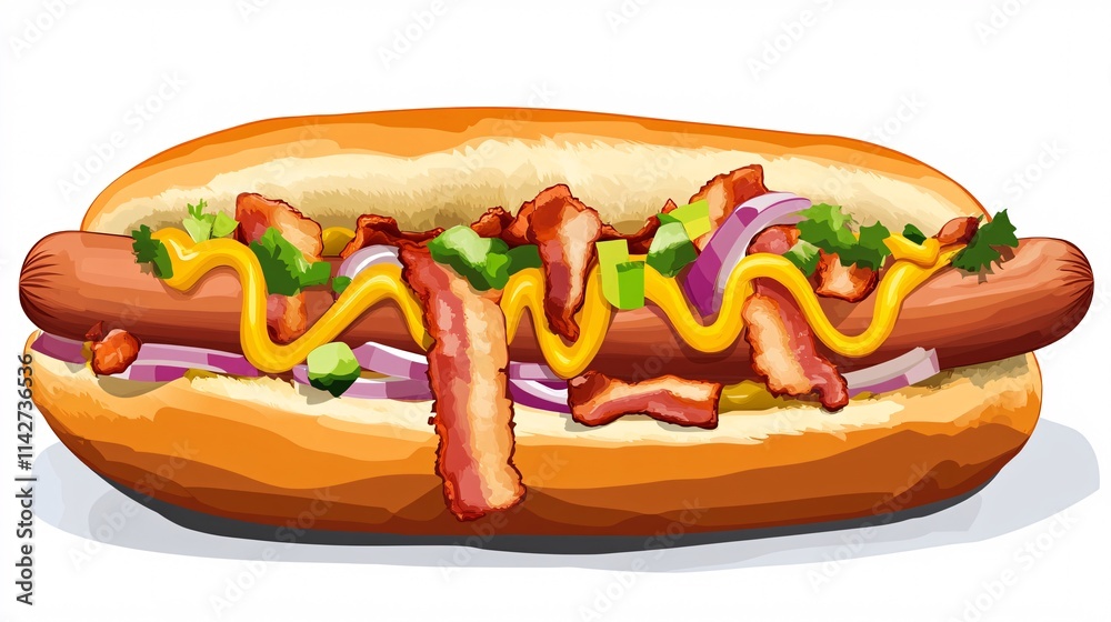 A delicious hot dog topped with crispy bacon, mustard, and fresh vegetables. A delicious hot dog topped with crispy bacon, mustard, and fresh vegetables.