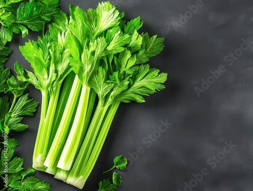 A clean chalkboard drawing of celery stalks, detailed lines for texture and depth, surrounded by subtle decorative flourishes photo