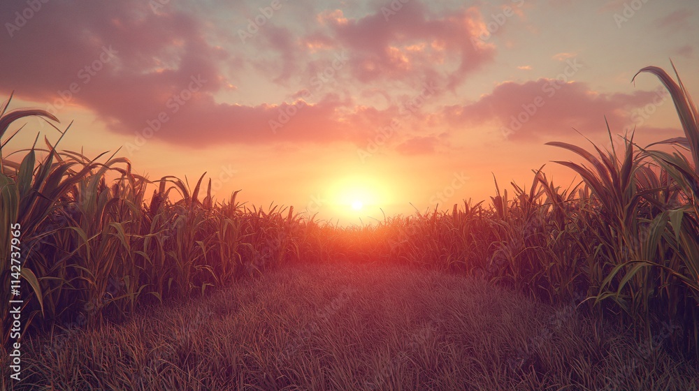 Fototapeta premium A serene sunset over a field of tall grass and crops, casting warm hues across the landscape.
