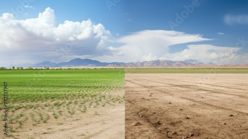 A sharp contrast between two landscapes: on the left, a dry, cracked terrain suffering from soil erosion and drought, and on the right, a thriving, lush green field with healthy crops and abundant lif