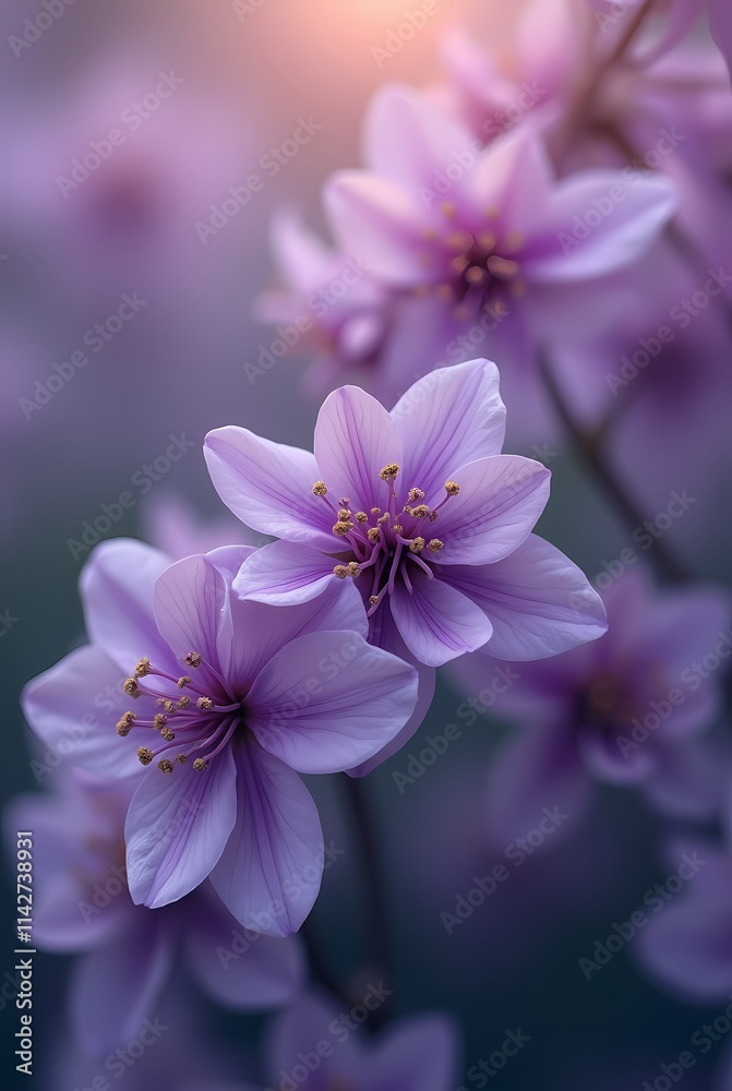 Close up of purple flowers in diffused light Close up of purple flowers in diffused light
