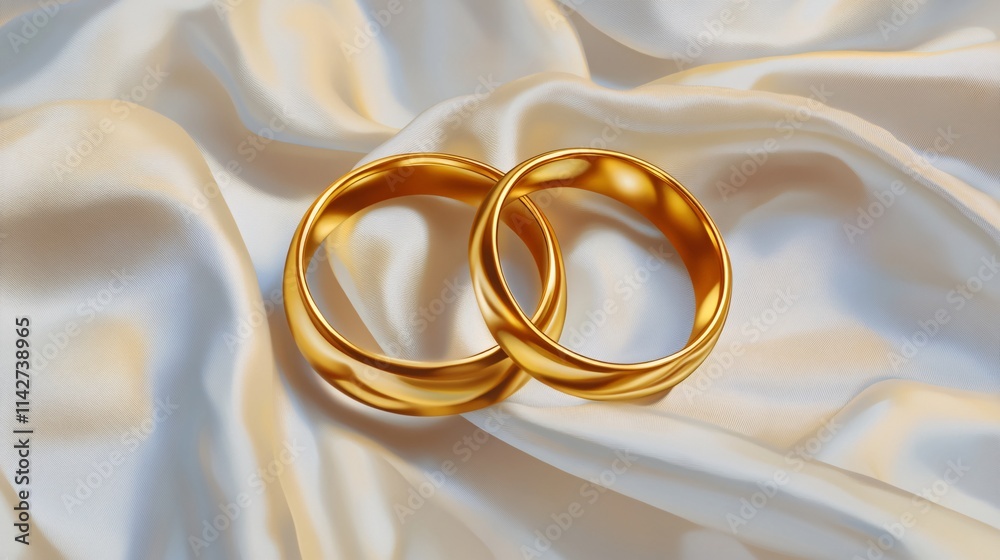 Two elegant gold wedding rings resting on a soft satin fabric, symbolizing love and commitment.