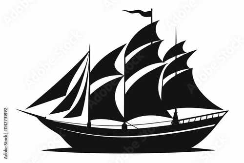 Sailing Ship vector. Black and white boat silhouette design. Sailer boat ship silhouette white background. Aged classic sailfish isolated on white background
