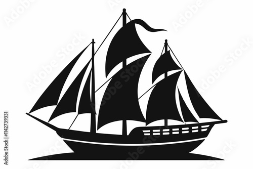 Sailing Ship vector. Black and white boat silhouette design. Sailer boat ship silhouette white background. Aged classic sailfish isolated on white background
