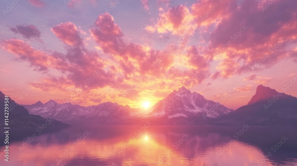 A breathtaking view of a mountain range illuminated by a vibrant sunset, with soft clouds reflecting warm hues A breathtaking view of a mountain range illuminated by a vibrant sunset, with soft clouds reflecting warm hues