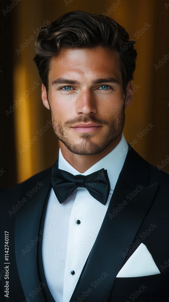 Well-dressed man in formal attire poses confidently with bow tie and sleek hairstyle in a luxurious setting during an elegant evening event Well-dressed man in formal attire poses confidently with bow tie and sleek hairstyle in a luxurious setting during an elegant evening event