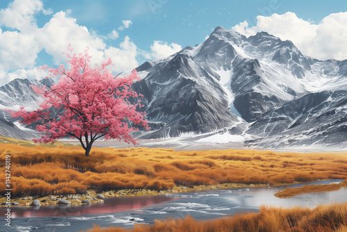 A breathtaking scene featuring a vibrant cherry tree in bloom set before towering snow covered mountains and river. Spring winter scene. Sky clouds sun background.