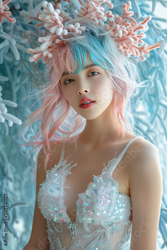 Portrait of a stylish woman with a coral hairstyle pastel pink color. Winter Princess.
