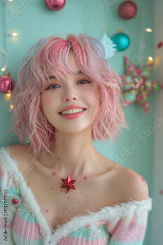Portrait of cheerful young hipster woman. Background is holiday xmas ornaments decoration.