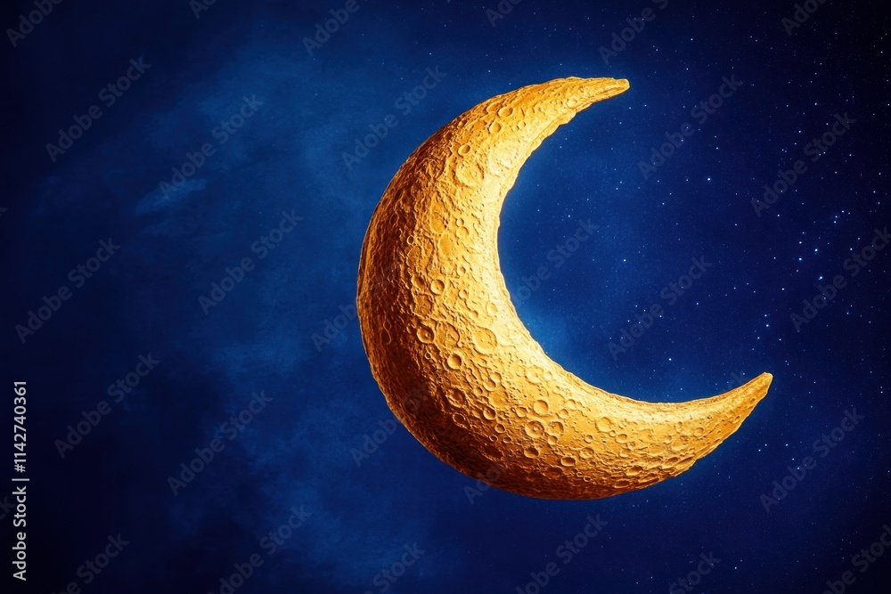 Fototapeta premium Golden crescent moon against a dark blue starry night sky.