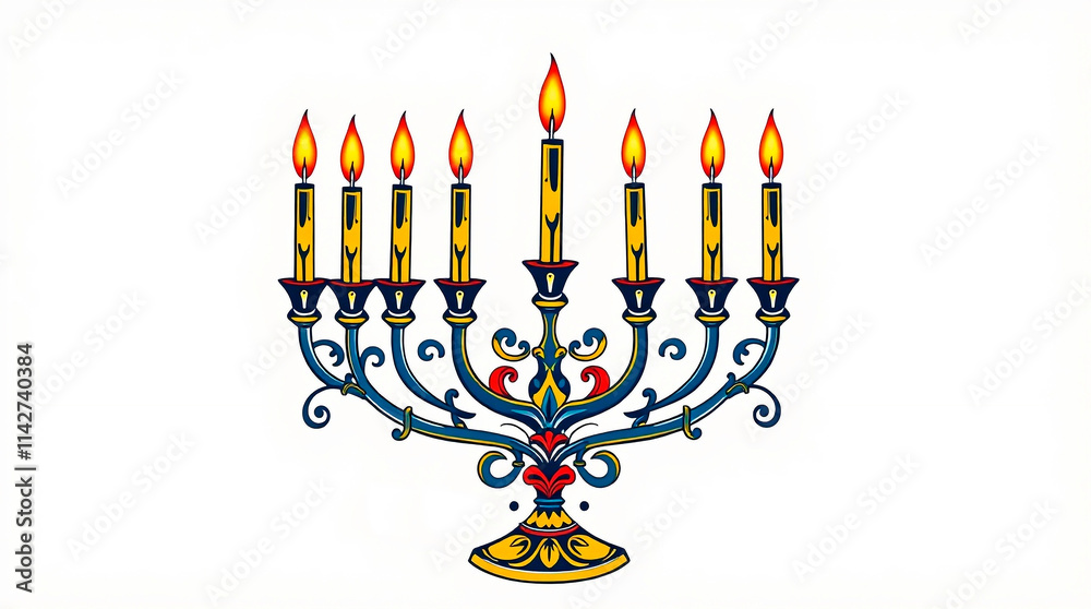 High-angle perspective illustration of a Menorah with nine lit candles in a festive setting. Happy Hanukkah greeting. Bright lens flare, elevated viewpoint, light streaks, vibrant colors. High-angle perspective illustration of a Menorah with nine lit candles in a festive setting. Happy Hanukkah greeting. Bright lens flare, elevated viewpoint, light streaks, vibrant colors.
