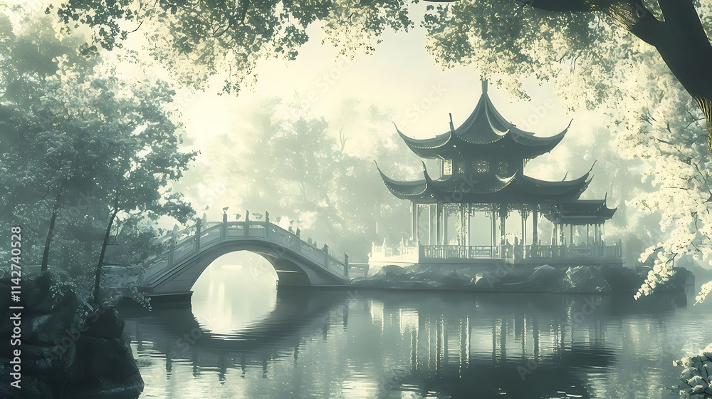 Serene misty morning at a traditional Chinese garden with a bridge and pavilion. Serene misty morning at a traditional Chinese garden with a bridge and pavilion.