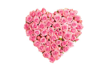 Photo of a heart made of pink roses isolated on transparent or white background, mother's day celebration, valentine's day or wedding flowers love wreath, png cut out