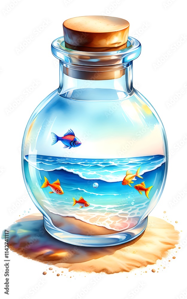 Glass bottle with ocean scene, fish, sand, cork. Glass bottle with ocean scene, fish, sand, cork.