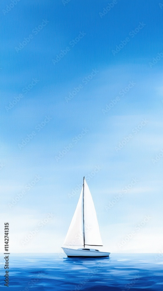 Fototapeta premium Sailboat Gliding Gracefully on Tranquil Ocean Waters under a Clear Blue Sky with Gentle Waves Creating a Peaceful and Serene Seascape Experience