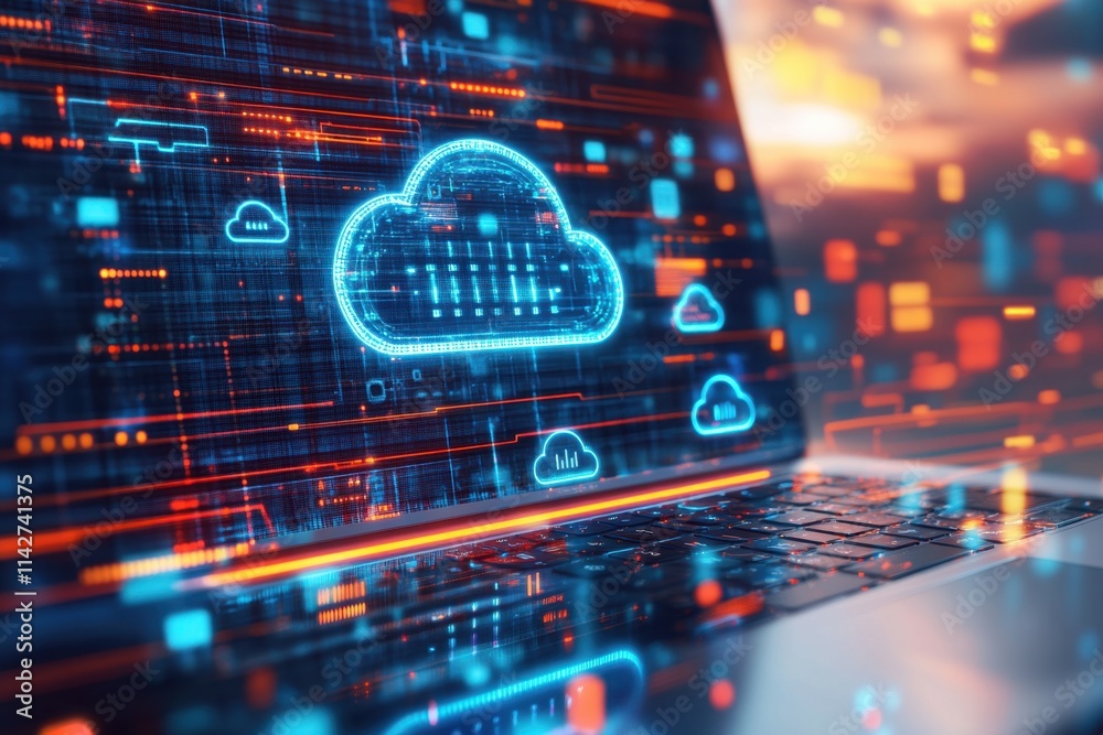 Fototapeta premium A digital artwork showcasing the concept of cloud computing, with icons and symbols representing data storage in an online environment on top of a laptop screen Generative AI