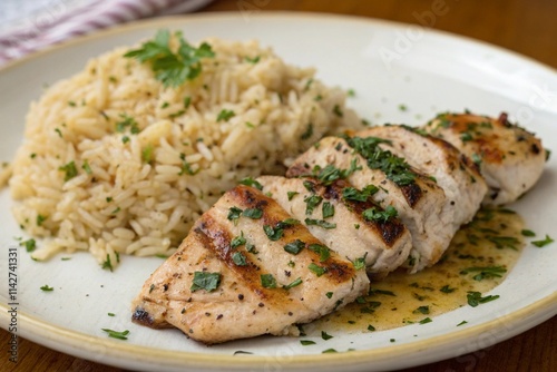 dish perfectly grilled chicken, of fragrant, flavorful rice, wall art print flyer and menu photo food