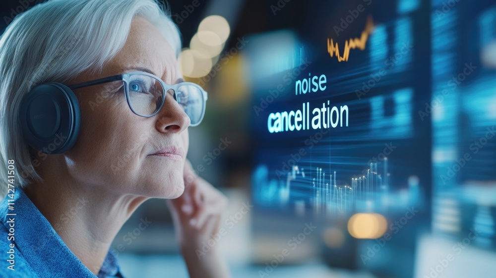Focused woman experiencing advanced noise cancellation in technology environment Focused woman experiencing advanced noise cancellation in technology environment