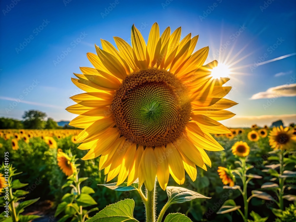 Majestic Single Sunflower, Vibrant Blue Sky, Summer Landscape Photography