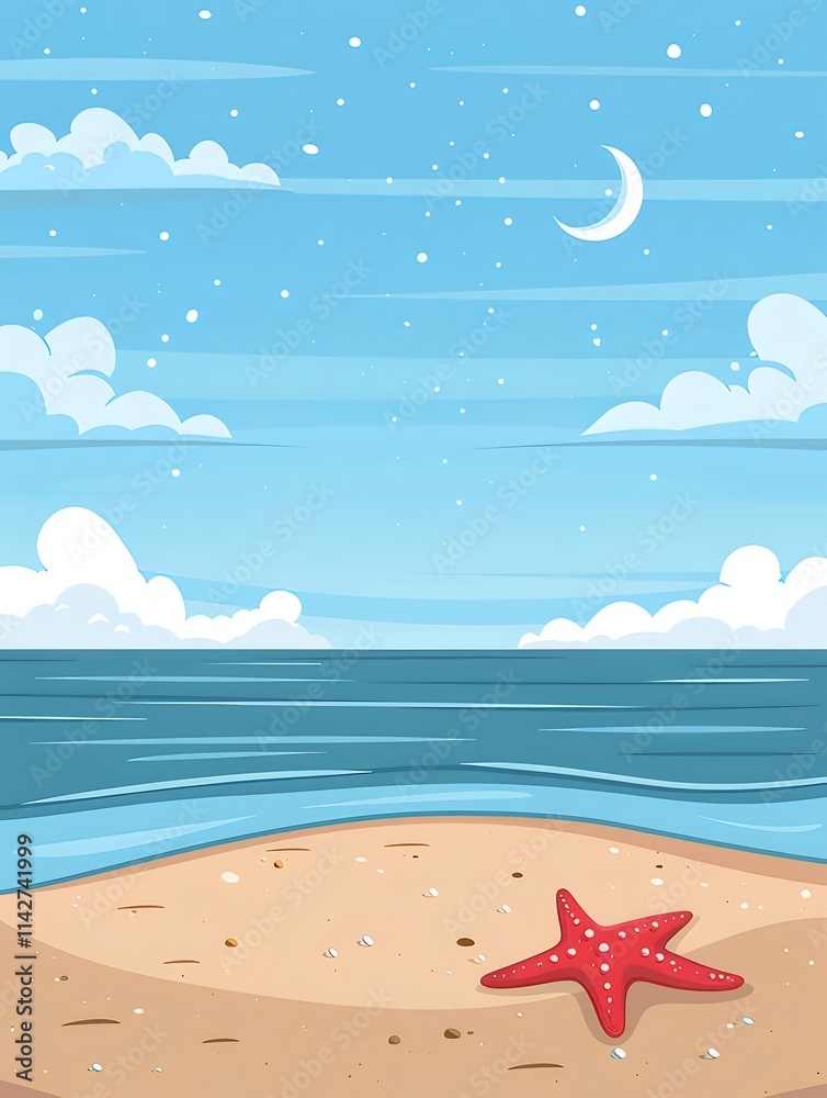Starfish on sandy beach at night under crescent moon and starry sky. Starfish on sandy beach at night under crescent moon and starry sky.