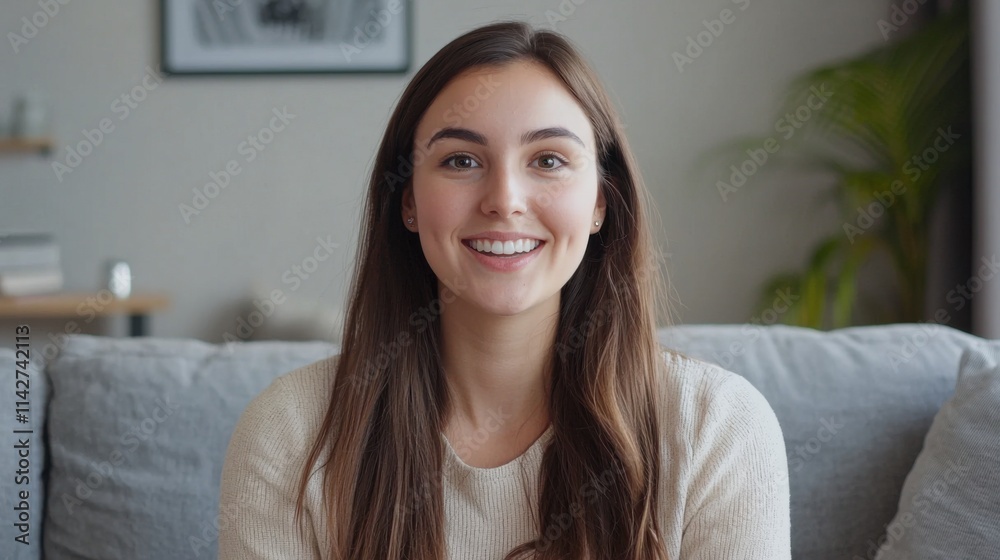 Head shot portrait smiling woman making video call to friends or relatives, using webcam, sitting on couch at home, happy young female blogger recording vlog, looking at camera, chatting online Head shot portrait smiling woman making video call to friends or relatives, using webcam, sitting on couch at home, happy young female blogger recording vlog, looking at camera, chatting online